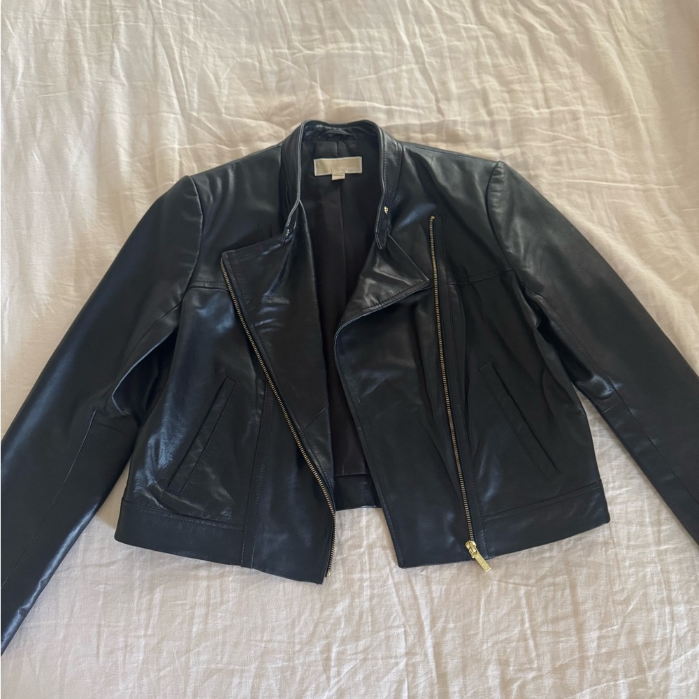 Michael Kors Black Leather Moto Jacket with Gold Hardware